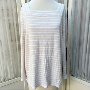 Chico's Women’s Ribbed Knit Square Neck Beige White Striped Size 3X Top Blouse